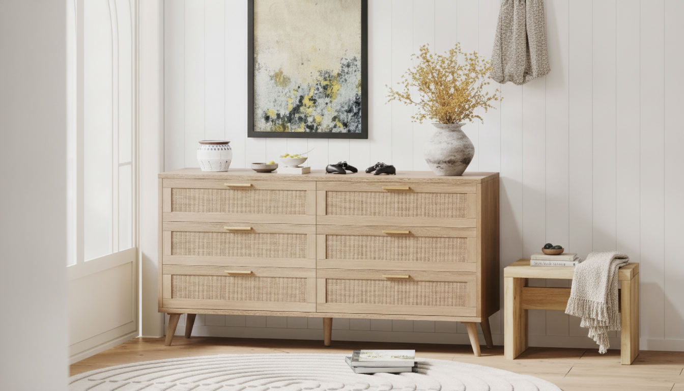Modern Rattan Double Dresser: 6 Drawers + Gold Handles